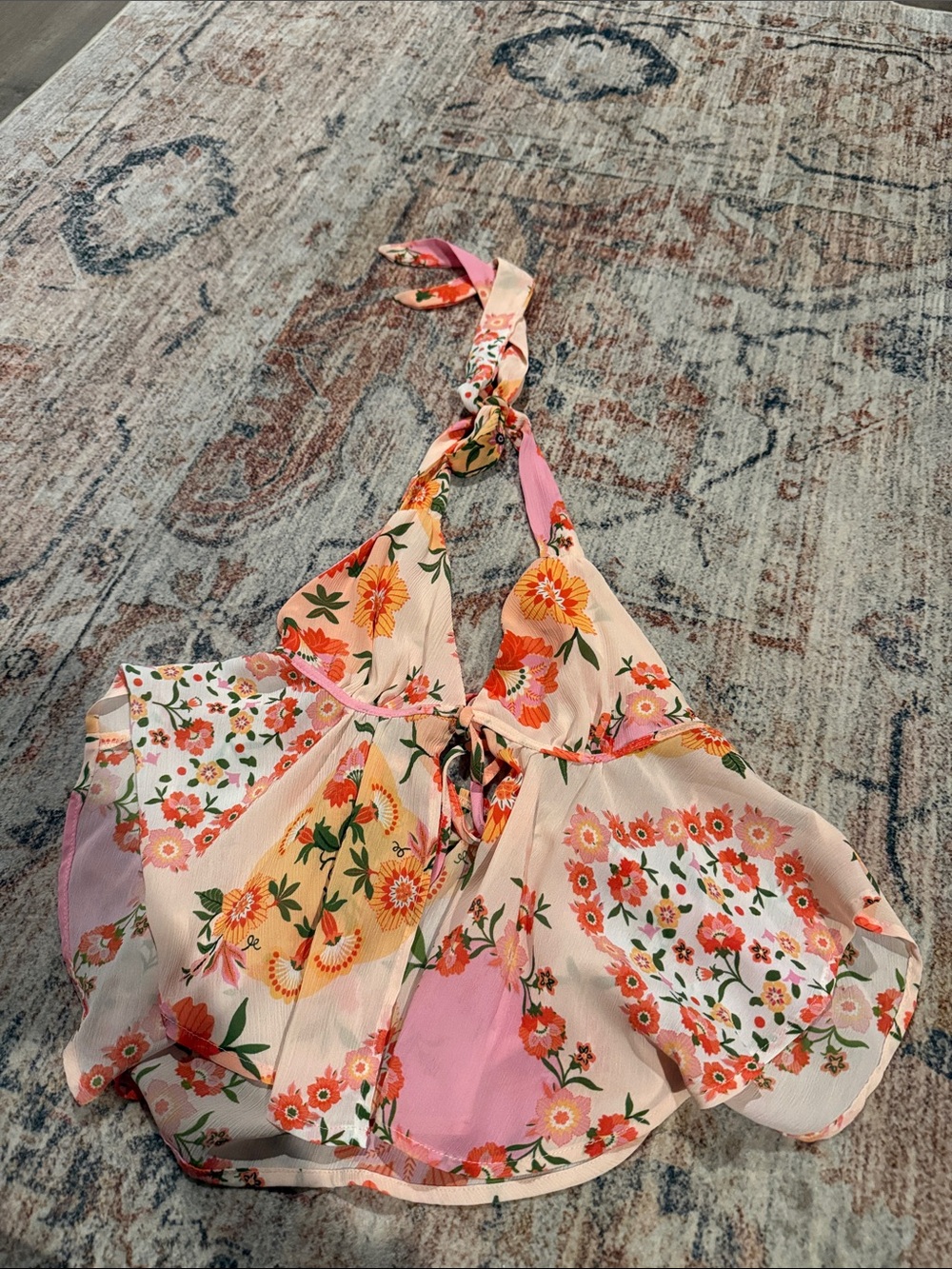 SHEIN Floral Halter Tank Top in Pink and Peach